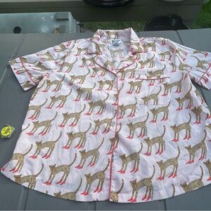 Bouffants & Broken Hearts Cheetah Pajama Set Size Medium Pockets Drawstring Pink